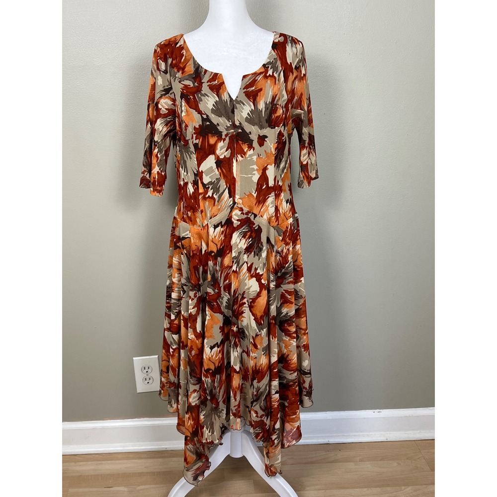 Chris McLaughlin Womens Brown Orange Floral Mesh Handkerchief Hem Dress 14